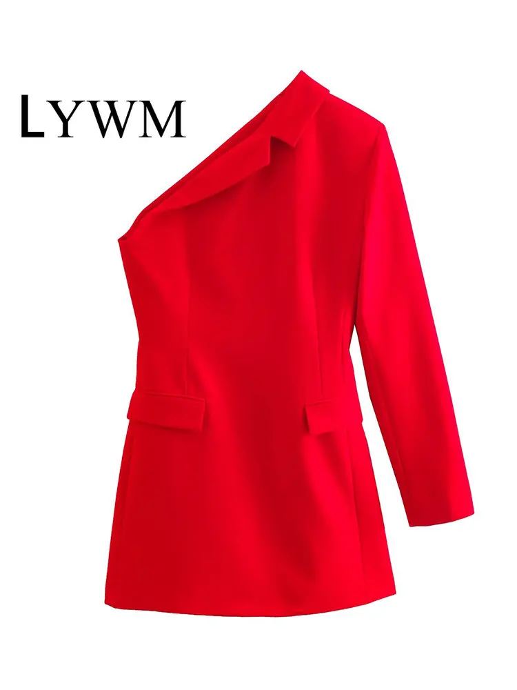 

LYWM Women Fashion Solid Mini Side Zipper Mini Dress Vintage One Shoulder Long Sleeves Female Chic Lady Dresses