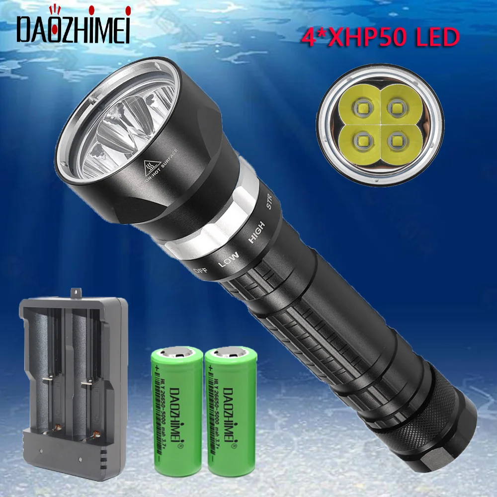 

IPX8 Waterproof 4*XHP50 Diving Flashlight Yellow /White 3 Mode LED Underwater dive Tactics Lamp 26650 Diver hunting Torch