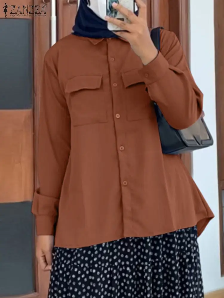 

Модная мусульманская блузка ZANZEA Eid Mubarek, Женская туника с длинным рукавом, топы, женские повседневные однотонные блузы, винтажная рубашка Рамадан 2023