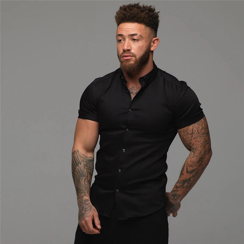 Summer Fashion Short Sleeve Shirts Men's Solid Color Super Slim Social Business Formal Dress Cardigan Brand Tops Gym Sportswear