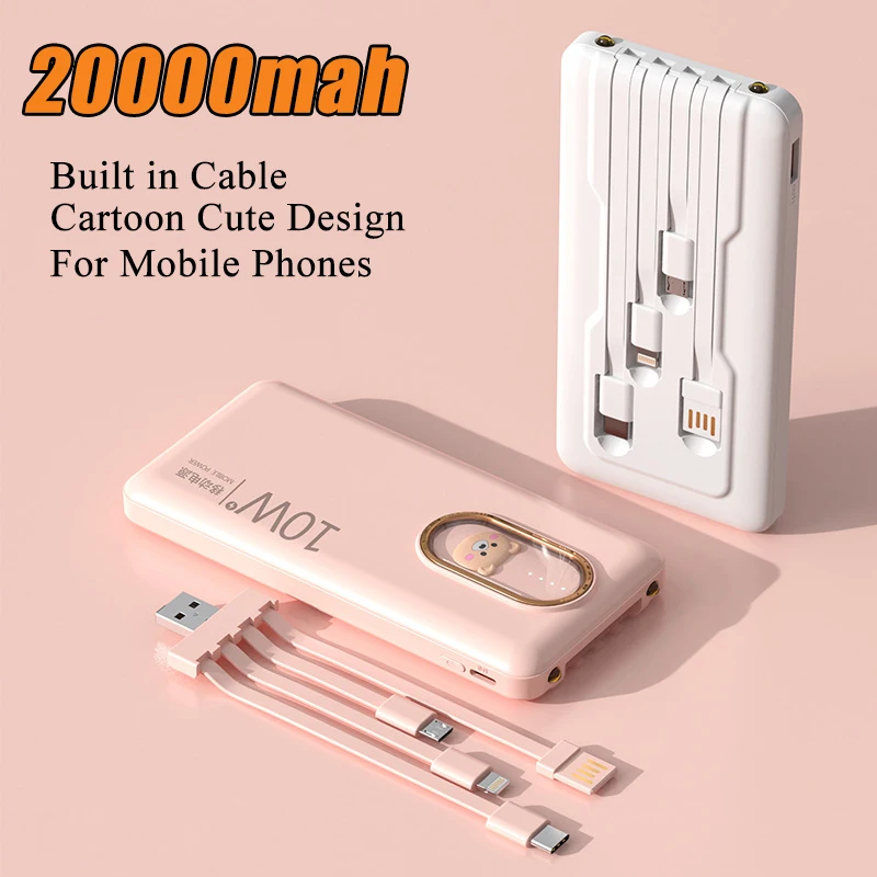 

Power Bank 20000mah Built in Cable Portable Charger External Battery Pack Powerbank For iPhone 12 13 Samsung S22 Xiaomi 9 Huawei