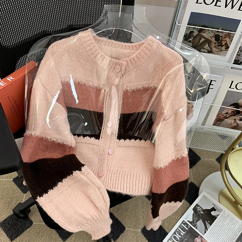 

Long Sleeve Knitted Cardigan Coat Womens SuéTeres De Mujer 2022 Autumn New Fashion Vintage Stitching Loose Short O Neck Sweaters