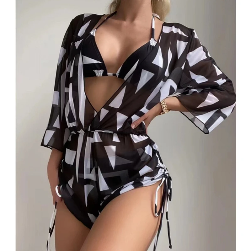 

Женский купальник из 3 предметов, комплект бикини с треугольным высоким вырезом и лямкой на шее, прозрачная сетчатая накидка, комбинезон