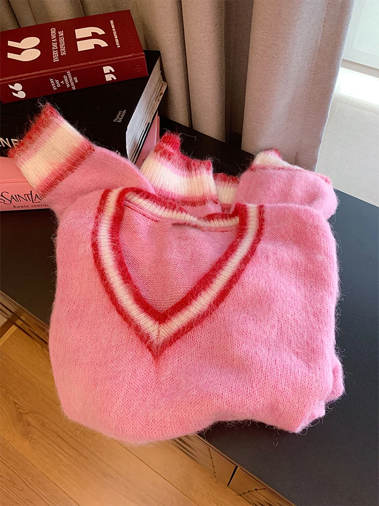 Розовый свитер пуловер для офиса осень-зима серый простой эластичный плюшевый