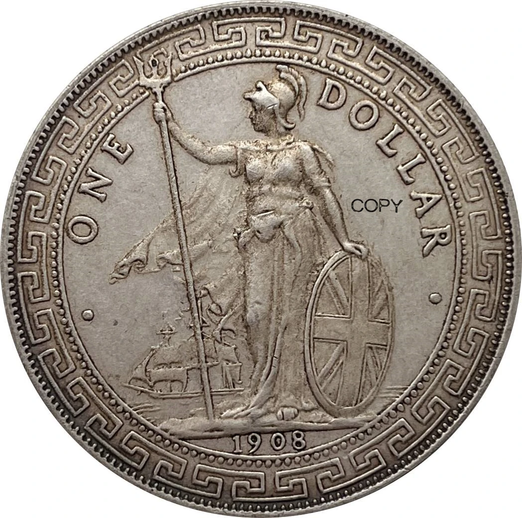 Британская торговля, один доллар 1908 г., Гонконгская Юань, копия памятной монеты, Великобритания, Виктория, 2 мировая война, монеты, коллекционные монеты