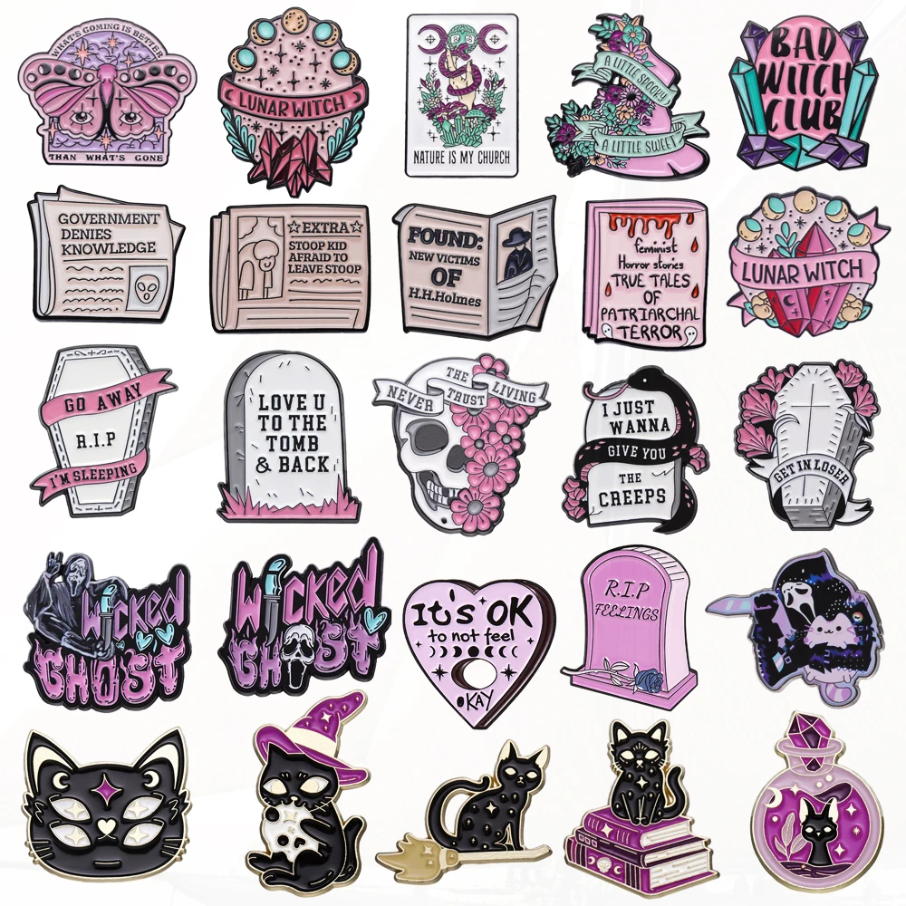 Газета гроб роза надгробие призрак черная кошка металлический значок панк
