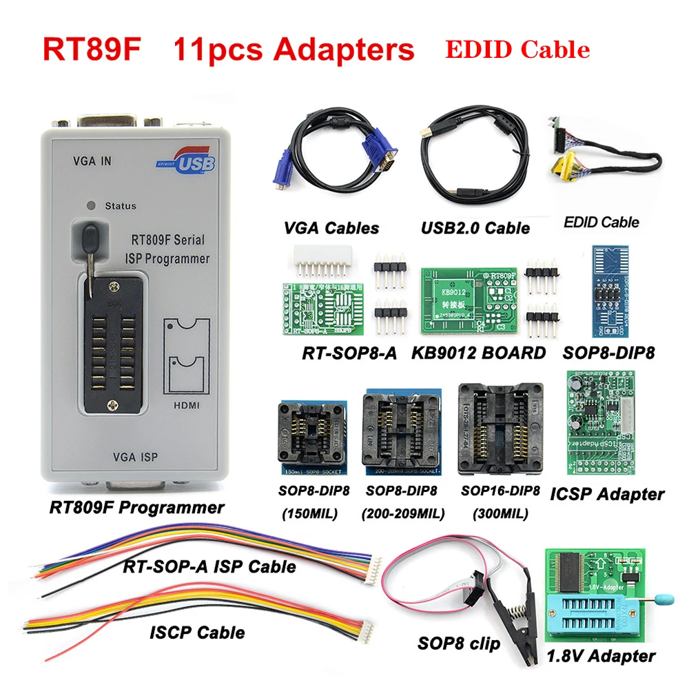 Original RT809F ISP Programmer LCD Usb Repair Tools with 1.8V Adapter Sop8 Test Clip Tssop8 Ssop8 EDID Cable ICSP Bios Adapters