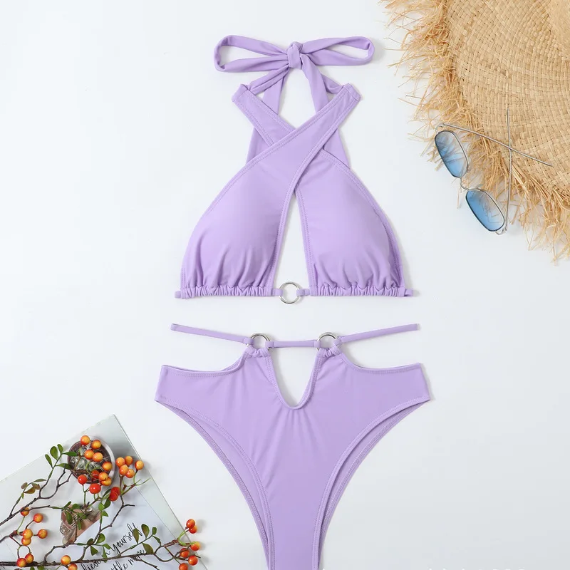 

Новинка 2023, бикини, купальник из двух частей, Женский однотонный сексуальный ажурный купальник на бретелях