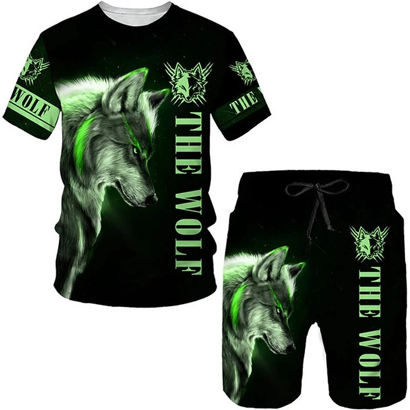 3D Printed T-shirt Suits Men Clothes Plus Size Wolf Totem Designer Graphic Round Neck Ropa Short Sleeve 2 Pieces Summer
