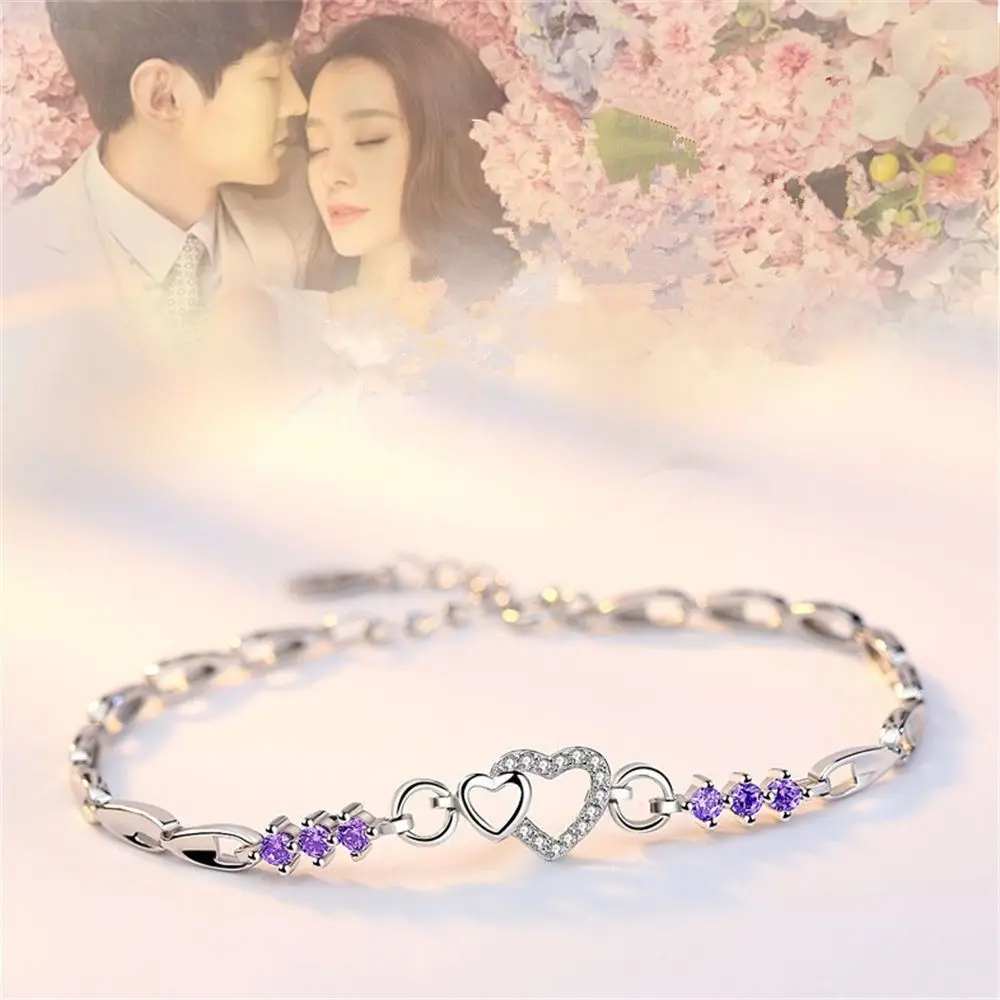 

Female Decoration Charm Jewellery Creative Modeling White Crystal Zircon Heart Shape 925 Sterling Silver Bracelet