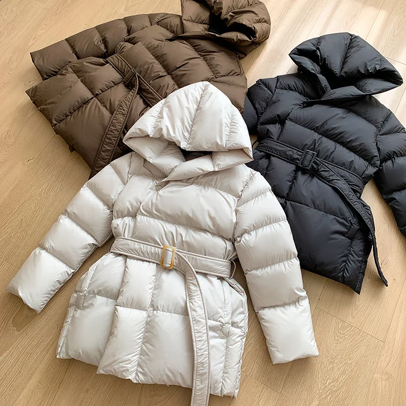 Women's Hoodie Slimming Down Jacket High Grade White Duck Down Thicken Warm Lightweight Hooded Coat 2022 Temperament With Belt