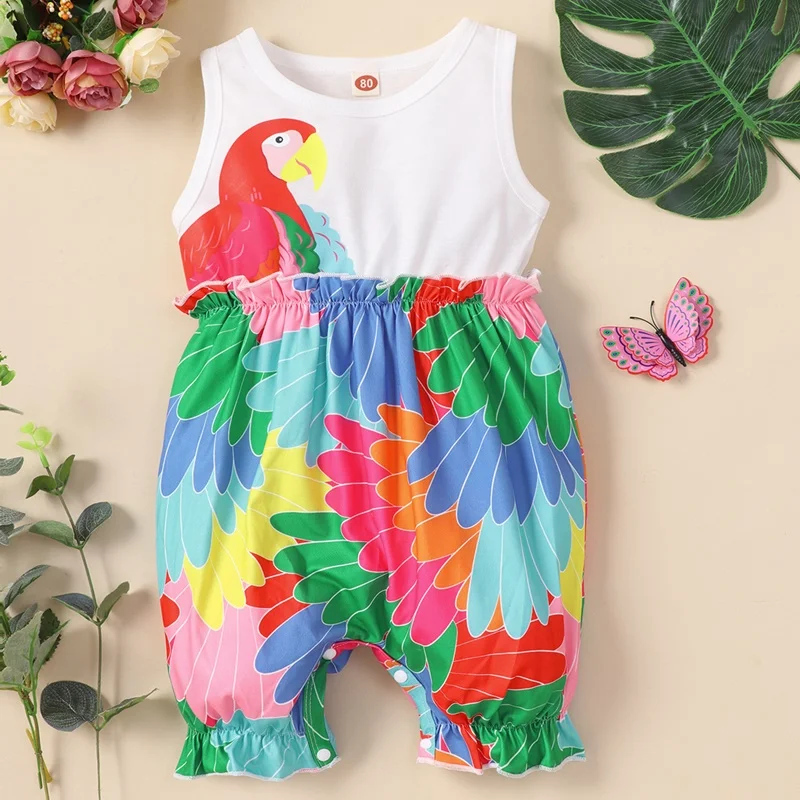 

Hot Selling 2022 Summer Baby Girl Romper Cotton Sleeveless Colorful Parrot Baby Jumpsuits Casual Comfortable Baby Rompers 0-18M