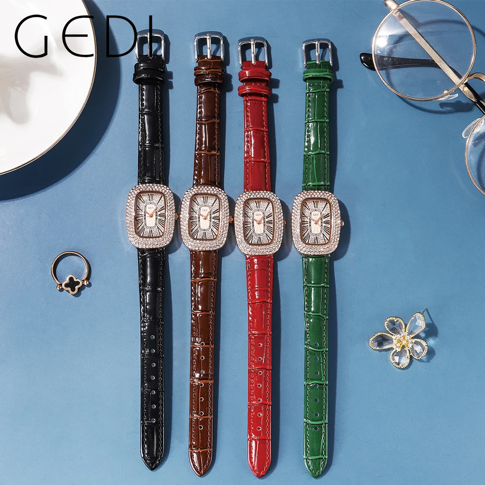 GEDI Waterproof Oval Full-diamond Women Watches Luxury Roman Dial Leather Strap Ladies Fashion Quartz Wristwatches Clock Relogio