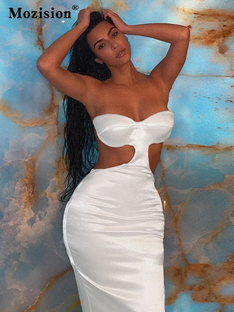 Женское атласное платье-миди без бретелек с открытой спиной |