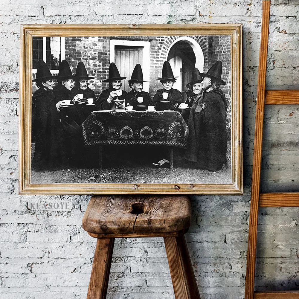 

Vintage Black White Poster Welsh Witch Tea Party Antique Canvas Painting Old Photo Coven Wall Art Print Picture Bedroom Decor