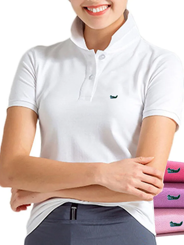 

On Sale Original Mesh 100% Cotton Summer Women Short Sleeve Polos Womens Shirts Tops Embroidery Fish Logo Polos Shirt Tees Tops