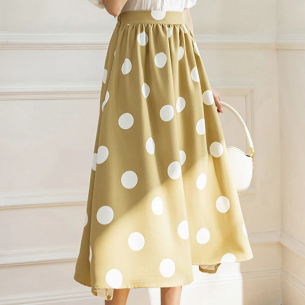 

2022 Causal Ladies Skirt Spring Summer A-line Mid-length High Waist Polka-dot Large-swing Bottoms Korean Fashion Women's Skirt