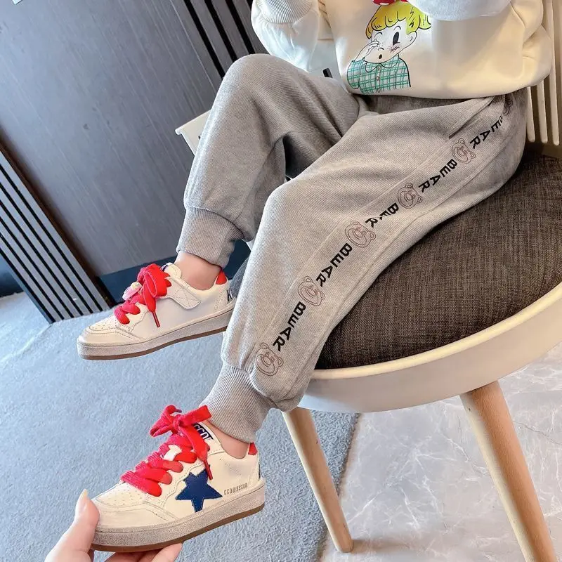 

New Pants Kids Autumn Korean Style Trousers Enfant Garcon Kids Fashion Print Bear Black Gray Pants Baby Girls Boys Pants 4-7T