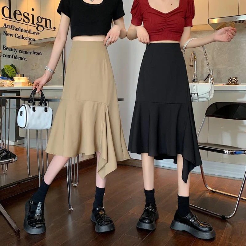 

Fashion Asymmetrical Long Skirt Women Solid Color Elastic High Waist A-line Skirts Woamn Korean Chic Ruffles Midi Skirt