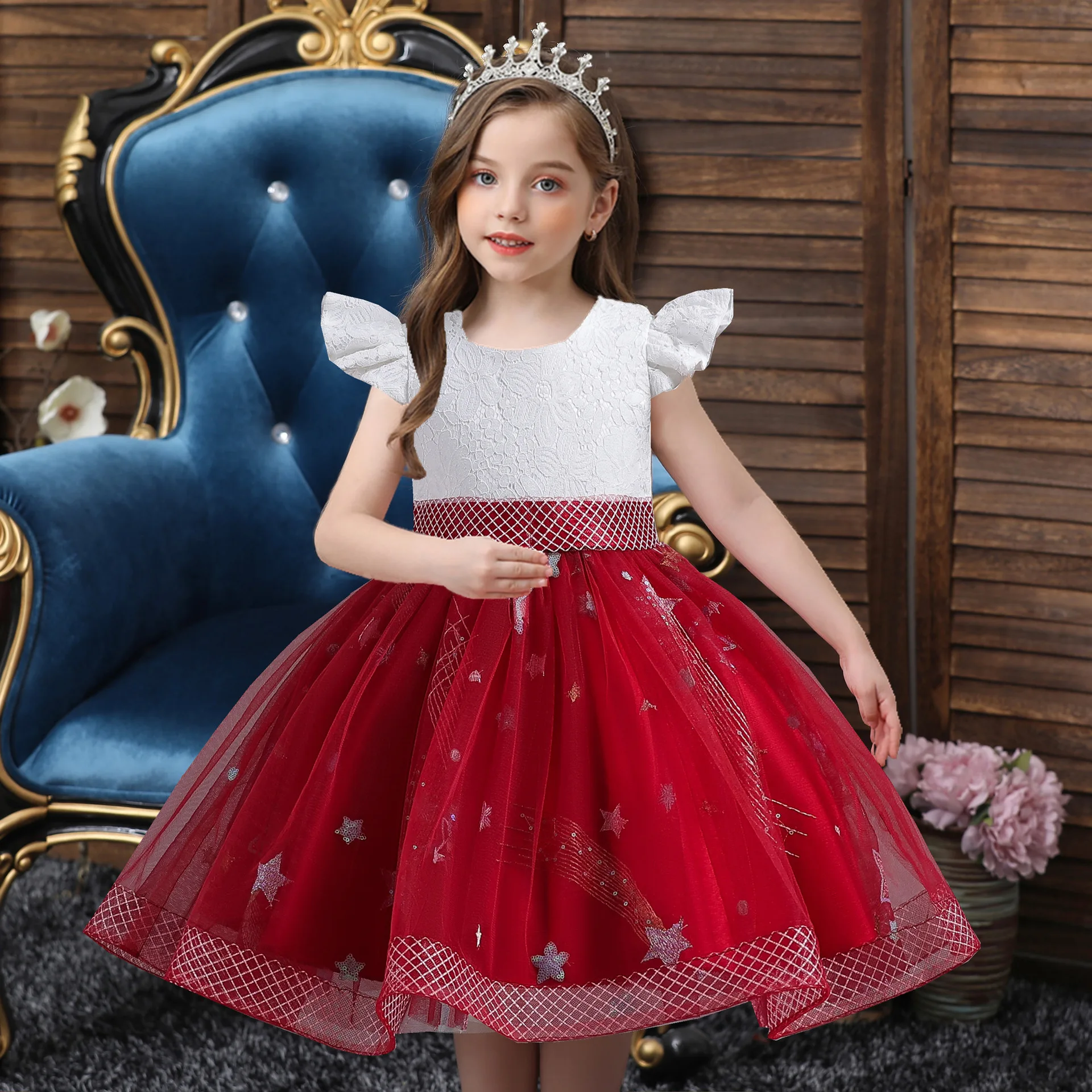 Girls Princess Dress Children Dress Sequin Birthday Party Flower Girl Dresses Girl Flying Sleeve Princess Dress Girls Clothes