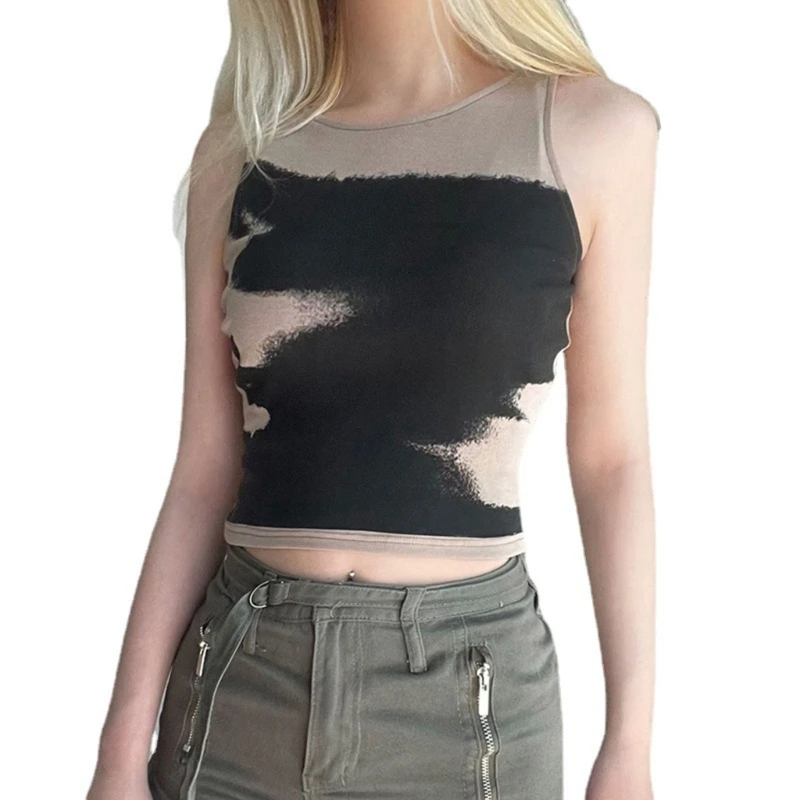 

Women Tie Dye Sleeveless Workout Casual Cropped Top Shirts Summer Round Neck Female Crop Top