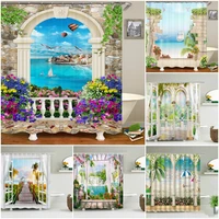 european landscape shower curtain exotic window vintage medieval arch flowers ocean scenery fabric bathroom curtains with hooks