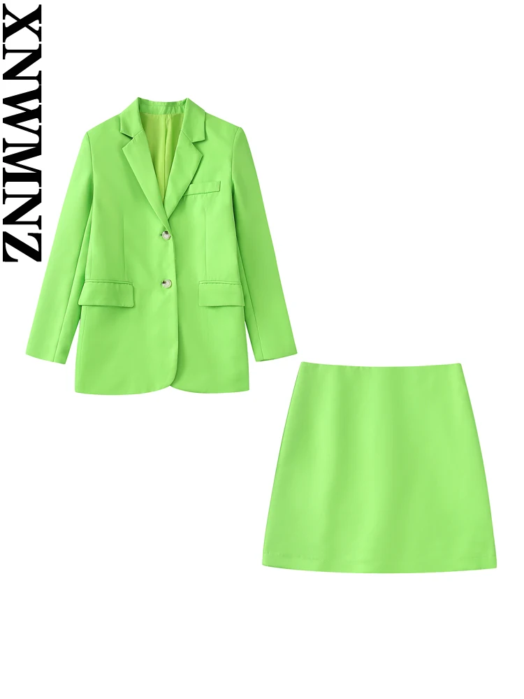 

XNWMNZ 2022 Women Fashion Front Button Straight Blazer Coat Or High Waist A Line Mini Skirt Female Two Piece Sets Mujer