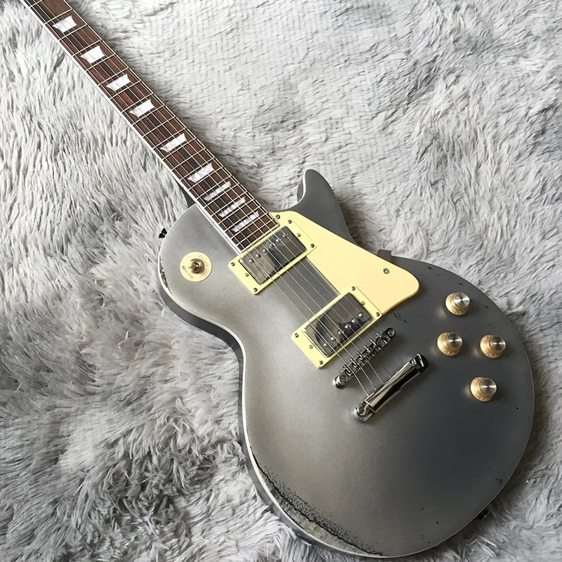 

Aged Relic LP Electric Guitar 6 String Style Metallic Silver Color T-O-M Bridge Chrome Hardware HH Pickup Mahogany Body