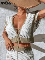 aproms khaki stripe crochet 2 pieces suit women 2022 deep v lace up crop top and skirt high waist beach sexy backless dress set