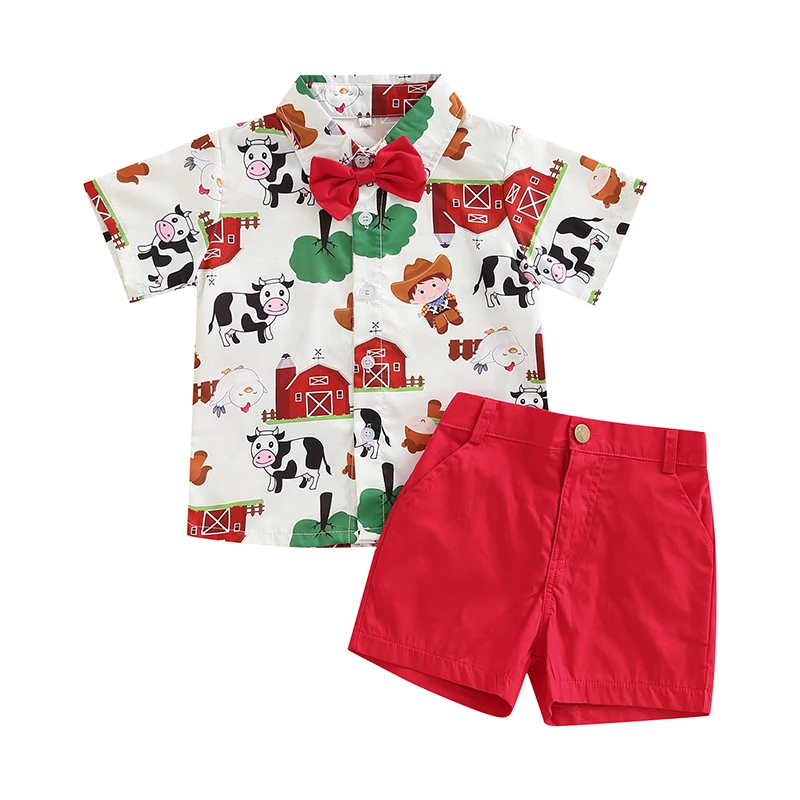 

Toddler Kids Boys 2 Pieces Outfits Farm/Circus Cartoon Animal Print Short Sleeve Shirts with Bow Tie + Solid Color Shorts Set