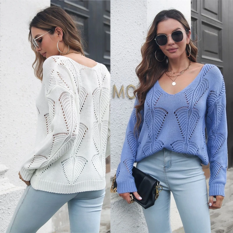 

Women Casual Loose Pullover Jumper Top Hollow Out Knitted Leaves Long Sleeve Solid Color Sexy V-Neck Sweater Shirts