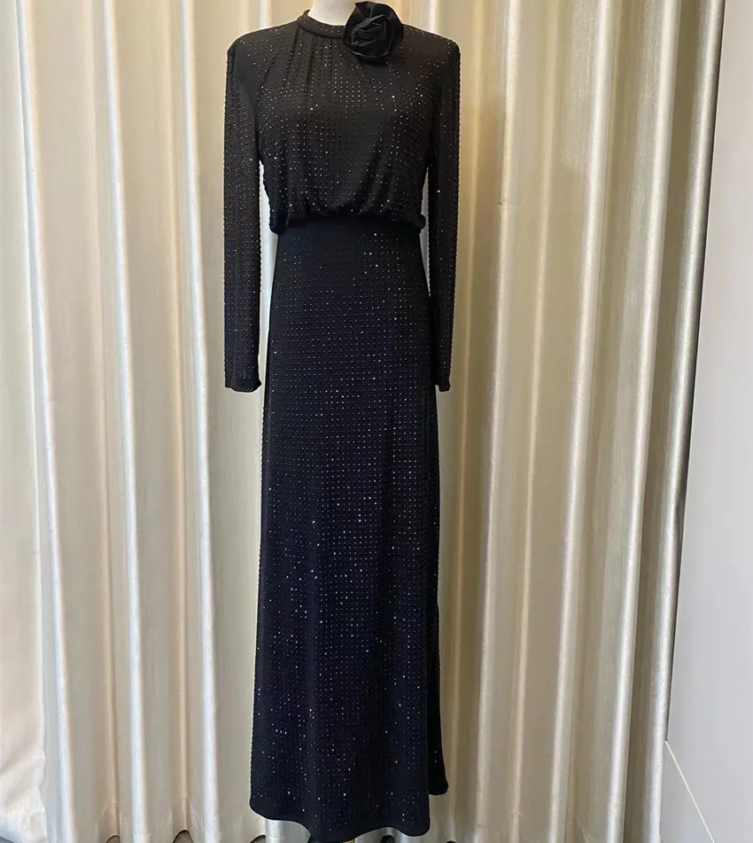 Женское длинное облегающее платье со стразами Элегантное Черное вечернее с