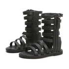 Сандалии для девочек, однотонные, в римском стиле, на плоской подошве, черные, SMG070