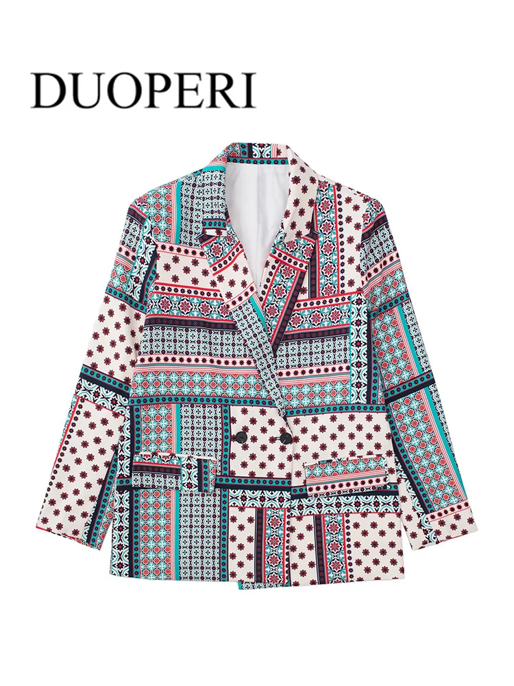 

DUOPERI Women Fashion Double-Button Patchwork Blazer Coat Vintage Long Sleeve Notched Female Outerwear Chic Veste