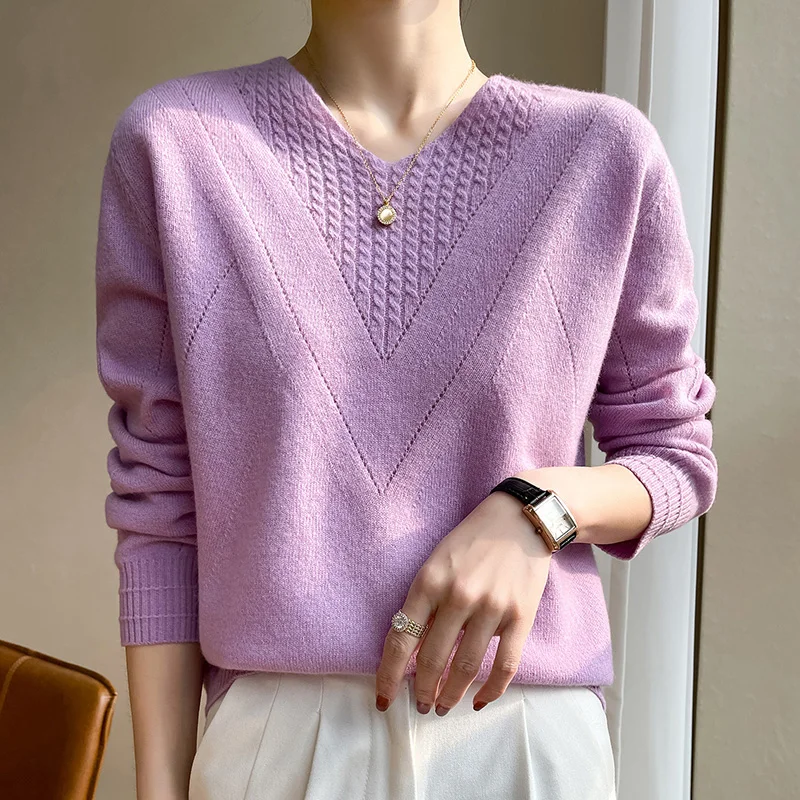 

Women's Pullover Spring/Autumn New 100% Wool Sweater Casual Solid Color Knit V-Neck Ladies Top Korean Style Loose Long Sleeves