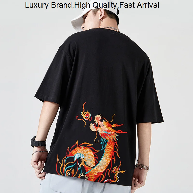 

Chao Guo Summer Men's Short Sleeve Chinese Dragon Toto Tide Moons Loose Cotton Round Neck T -shirt