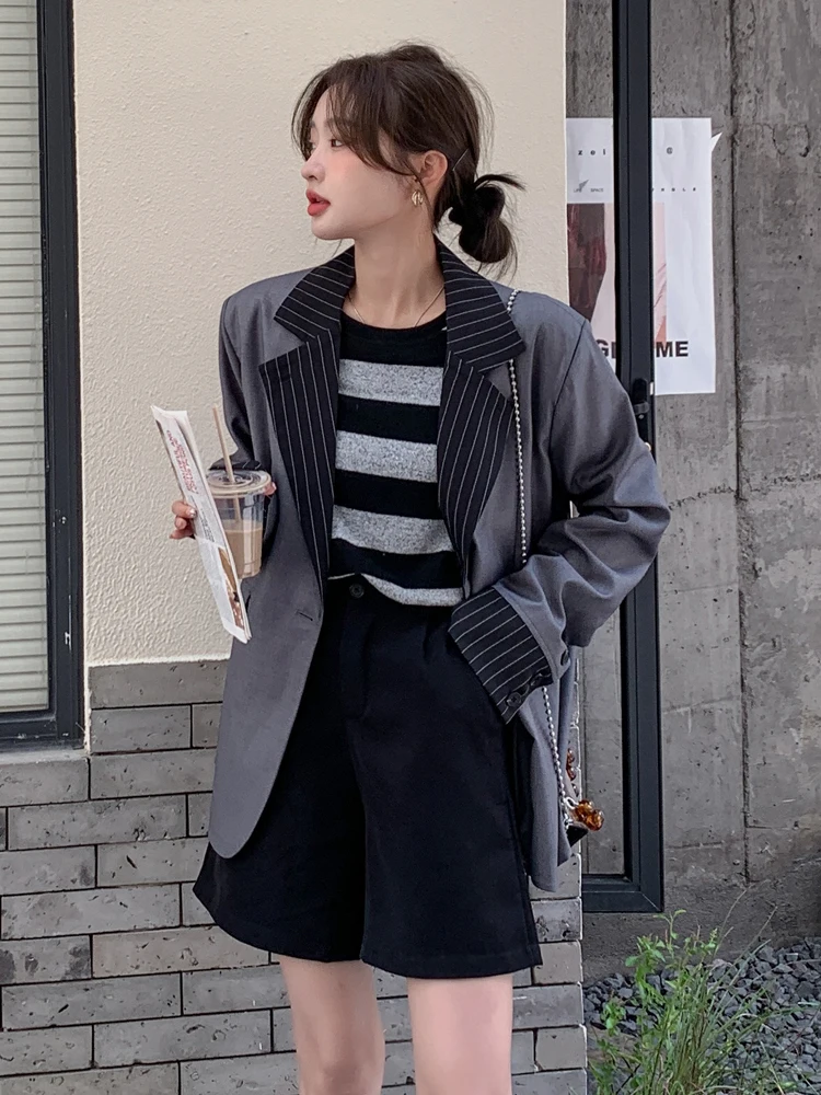 

Fashion New Loose Women Blazer Office Lady Jacket with Patchwork Sleeve Spring Autumn