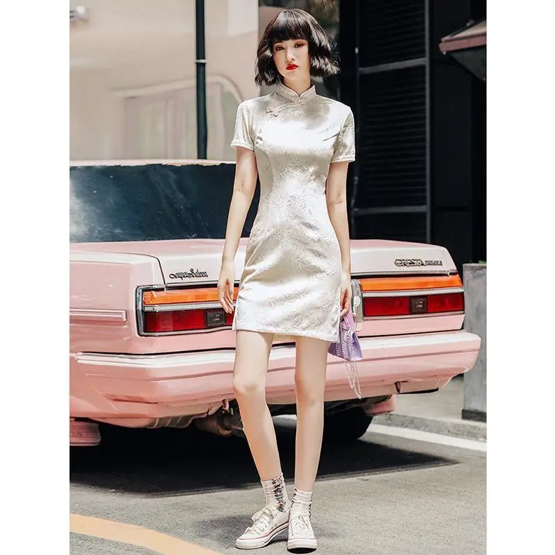 Платье-Ципао с коротким рукавом для молодых девушек белое современное короткое