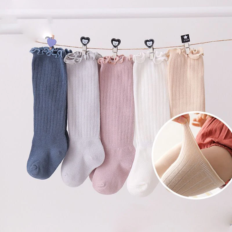 Calcetines hasta la rodilla para bebés y niñas, calcetín elástico de algodón suave, Color sólido, 20 par/lote