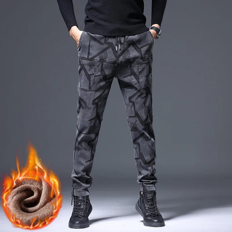 

Autumn and Winter Plush Thickened Men's Casual Pants Six Pockets Jacquard Stretch Straight Pants Fashion Trend Loose Men Jeans
