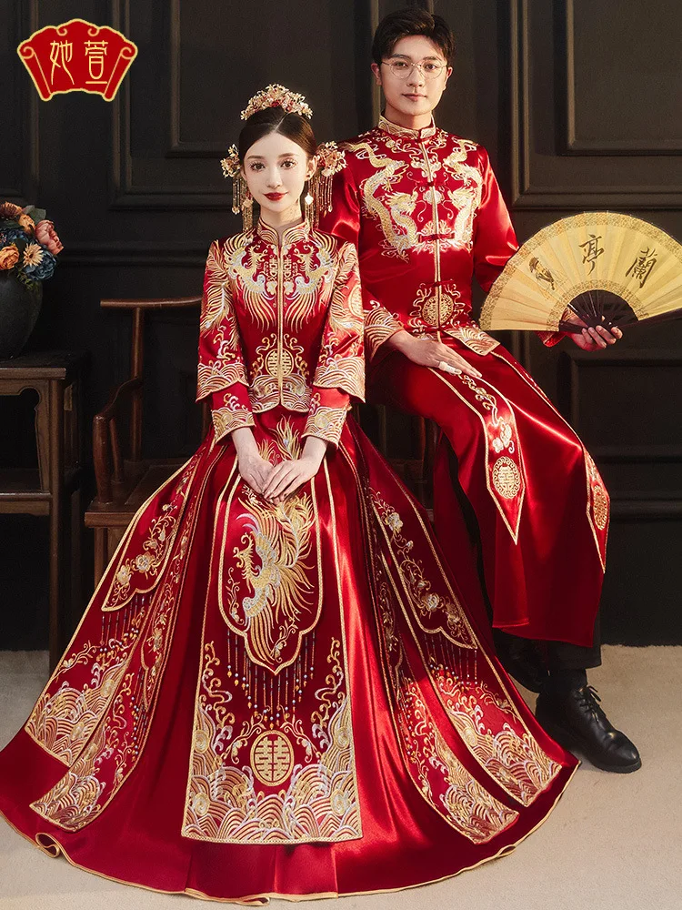 Chinese Style Phoenix Embroidery Wedding Dress Couple Embroidery Cheongsam Traditional Bride Satin Qipao