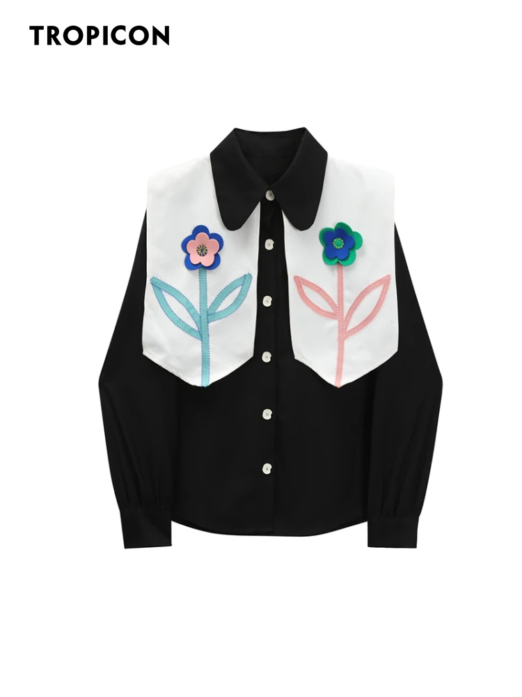 

Тропиковая накидка, блузка с воротником Питера Пэна, женская черная рубашка с длинным рукавом и пуговицами, милый топ, осень 2022, корейская модная одежда