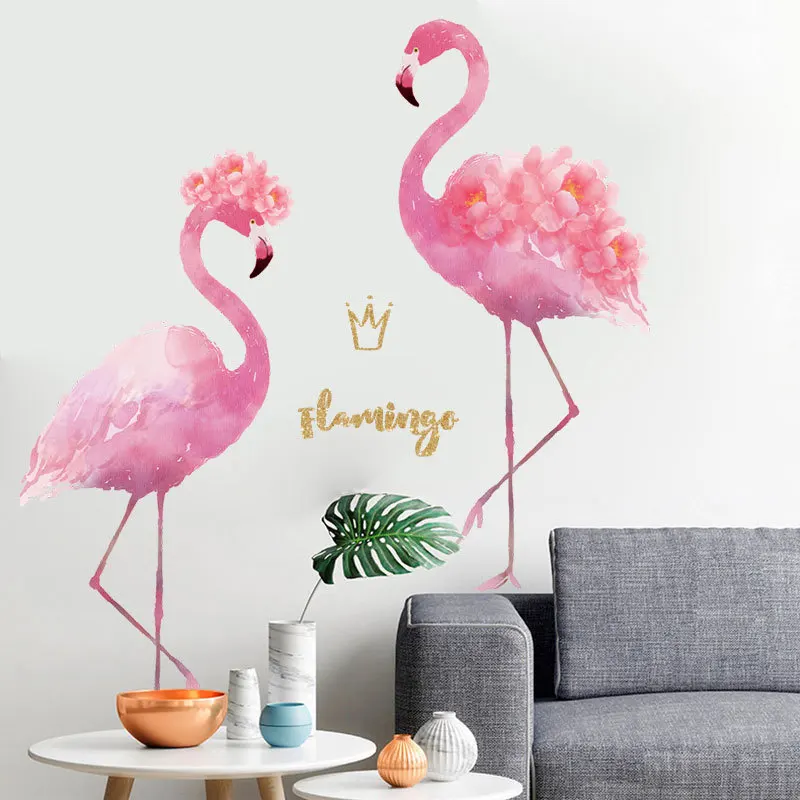 

Big Pink Flamingos Feather Wall Sticker for Living Room Bedroom Girls Dormitory Ins Creative Warm Room Decoration Home Mural
