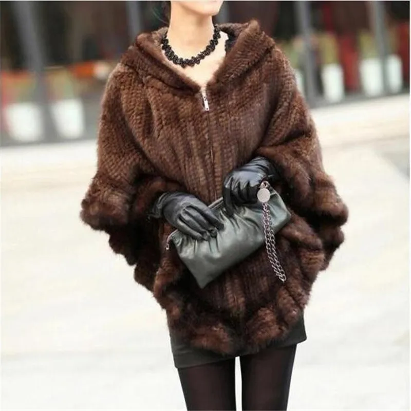 High Quality Mink Fur Hand Knitted Women's Real Fur Coats Hooded Natural Fur Jackets Ponchos And Capes Black/Brown DA-68