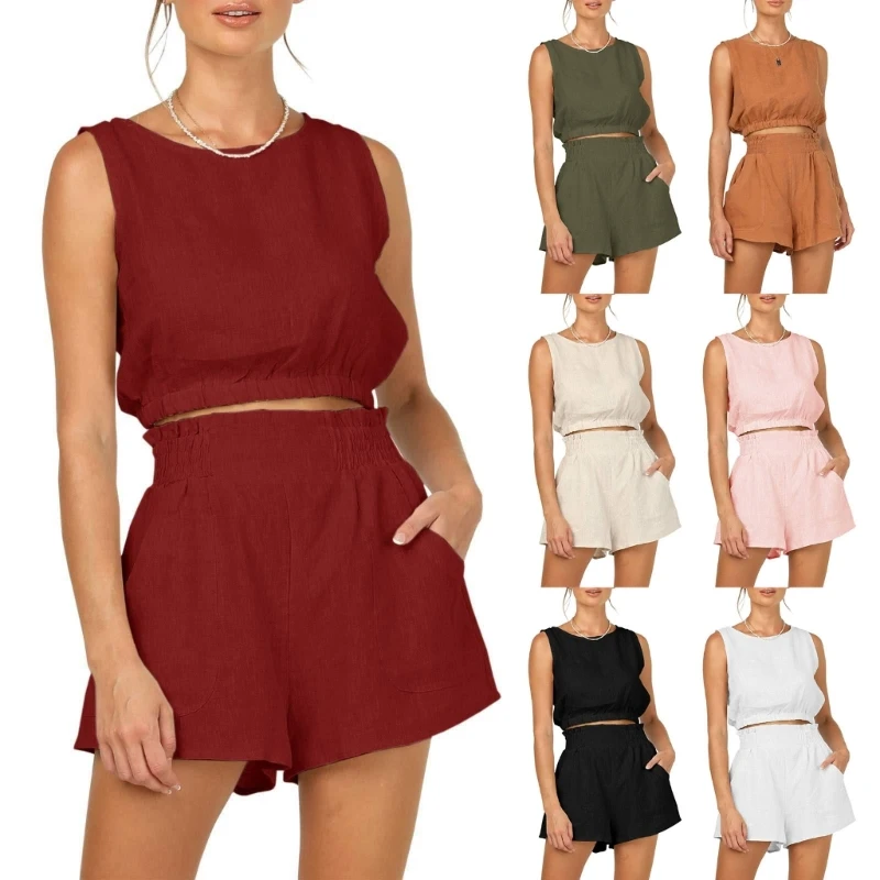

Solid Color Two Piece Set for Women High Waist Pocketed Shorts and Crew Neck Tanks Top Summer Casual Outfits Streetwear