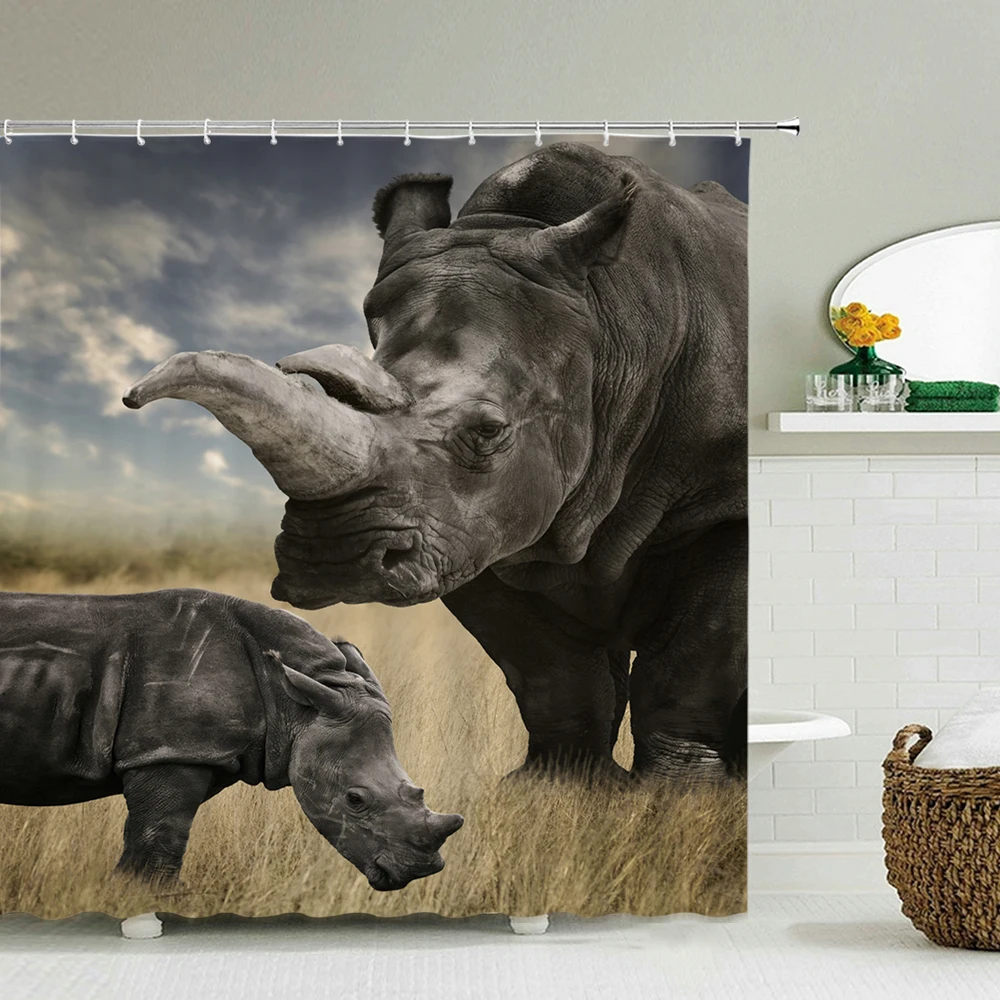 

Animal Shower Curtain Home Print Decoration Rhinoceros Elephant Lion Tiger Bathroom Waterproof Curtain Accessories with Hooks