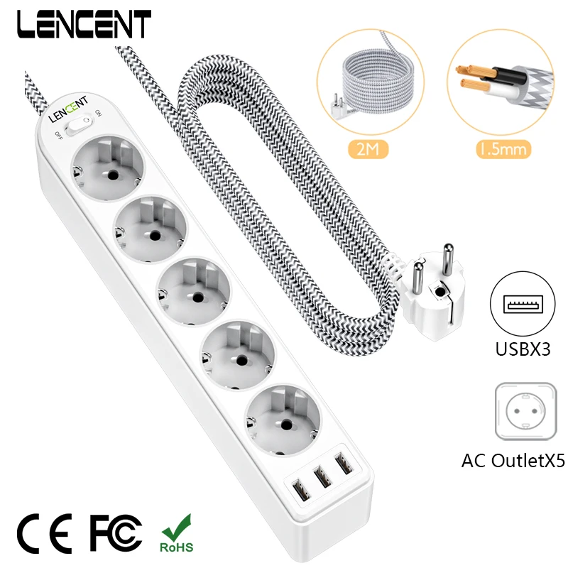

LENCENT EU Power Strip with 5 Outlets and 3 USB Ports 4000W 8 in 1 Multiple Socket with On/Off Switch 2/3M Cable for Home/Office