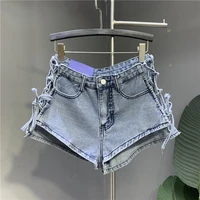 sexy night club ultra short jeans 2022 summer new light blue slim fit a line hot pants women lace up waist denim shorts femme