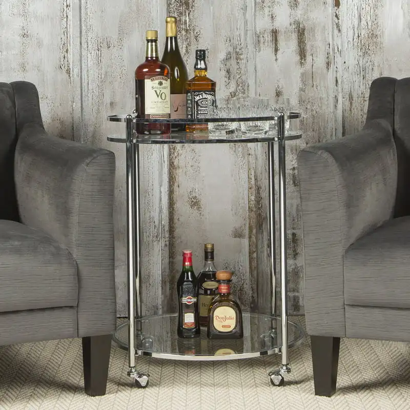 

2-Tier Metal Frame Tempered Glass Round /Serving Cart for Kitchen Dining or Living Room