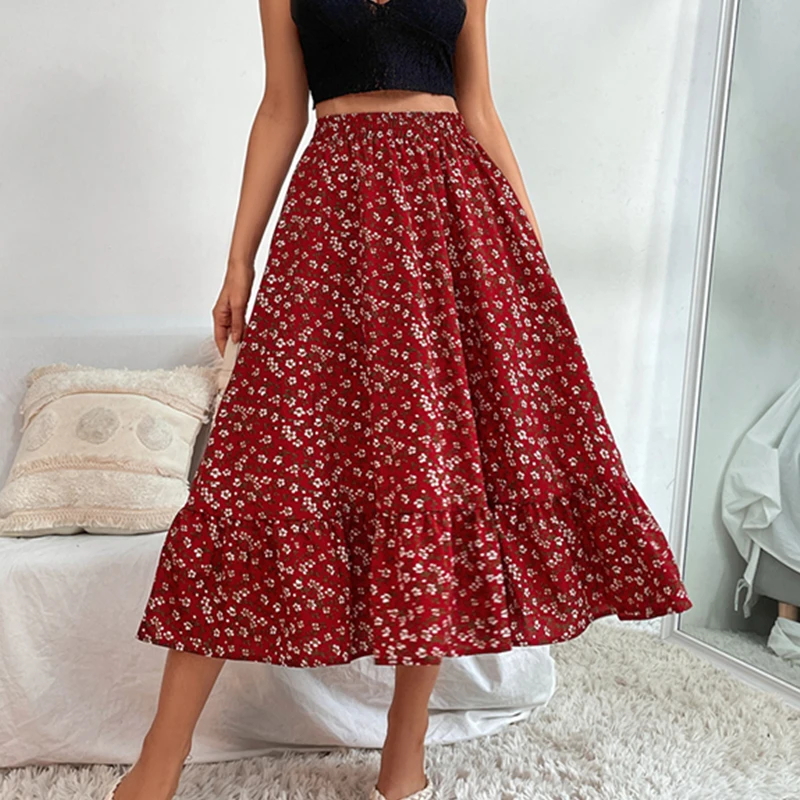 

Модные Винтажные женские богемные Юбки миди с цветочным принтом в стиле бохо с высокой талией, широкая юбка-трапеция, одежда XL